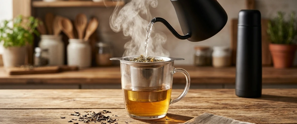 Kaadetaan kuumaa vettä tilavaan teesiivilään, taustalla mustaa teetä sisältävä termospullo