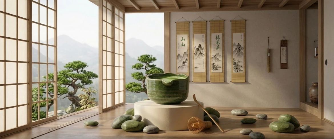 Matcha-kulho ja -vispilä perinteisessä, chanoyu-perinteestä vaikutteita saaneessa sisustuksessa