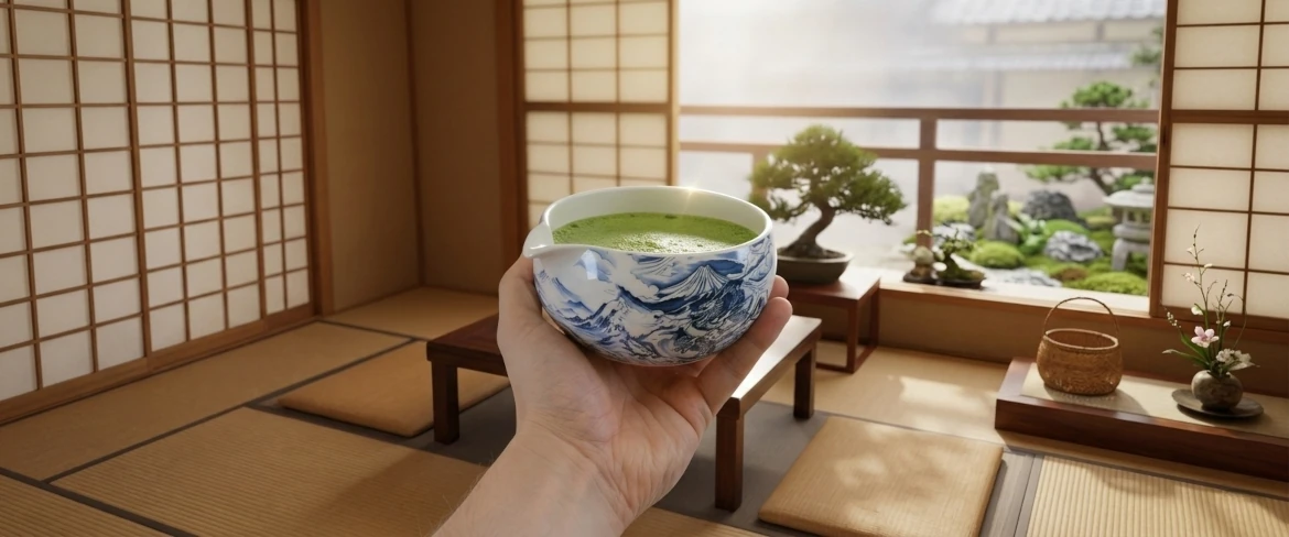 Matcha-kulho, jossa on valmiiksi haudutettua teetä ja matcha-vispilä, perinteisessä sisustuksessa