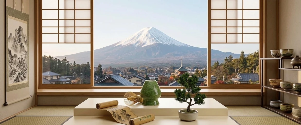 Matcha-tarvikkeet perinteisessä japanilaisessa tyylissä järjestettynä