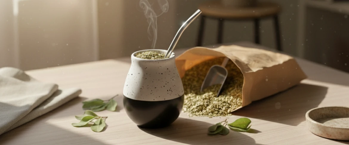 Keraaminen mate-kouru, jossa on yerba matea ja bombilla – keraaminen yerba mate -astia luonnonvalossa