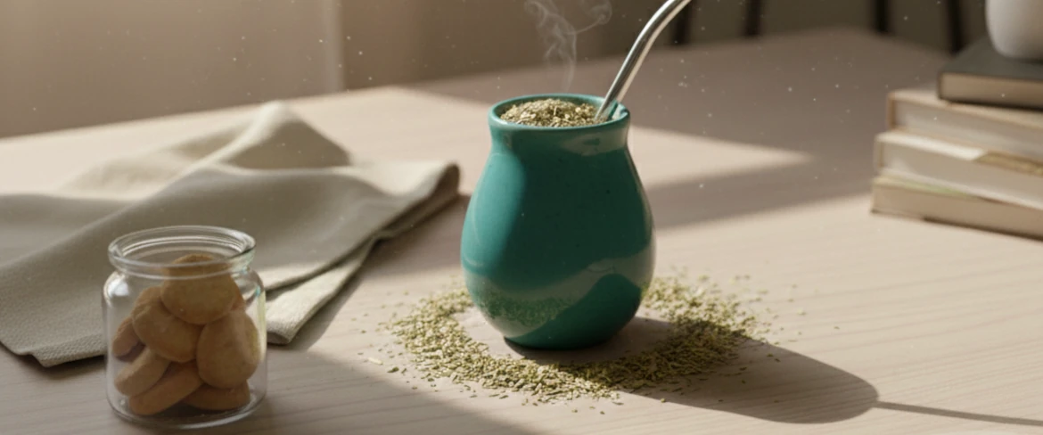 Moderni keraaminen mate-kalkki, jossa on yerba matea ja bombilla – yerba mate -astia lämpimässä valossa