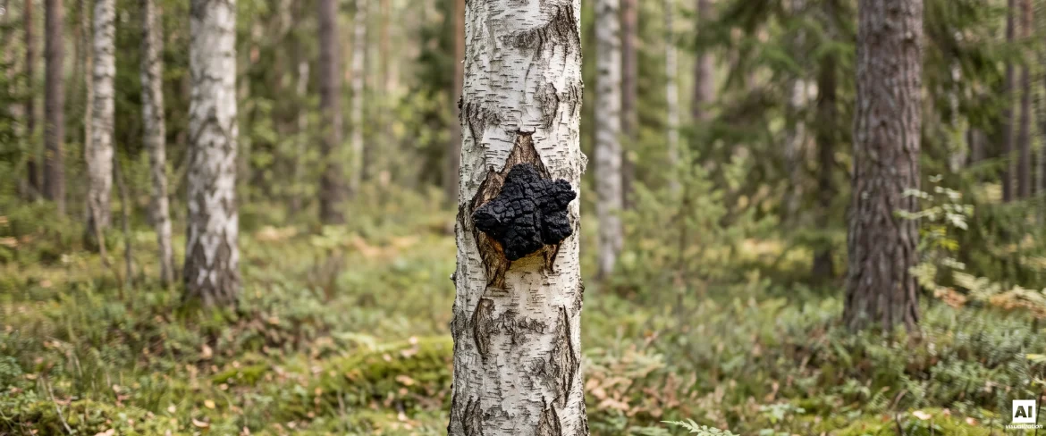 Musta chaga kasvaa koivunrungossa pohjoisessa metsässä.