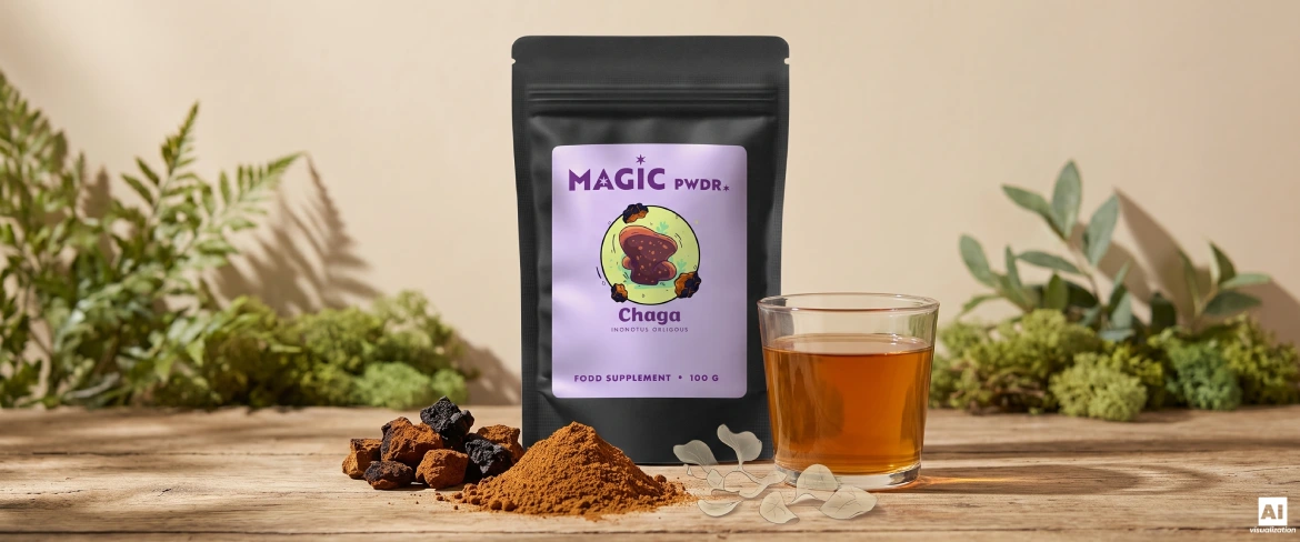 Chaga-jauheuute, kuivatut sienipalat ja yrttiuute Magic Pwdr -doypack-pakkauksen vieressä.