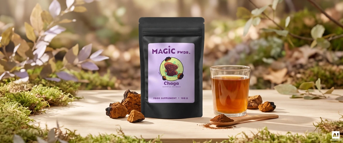 Magic Pwdr Chaga -doypack, uutejauhe, kuivatut sienipalat ja yrttiuute.
