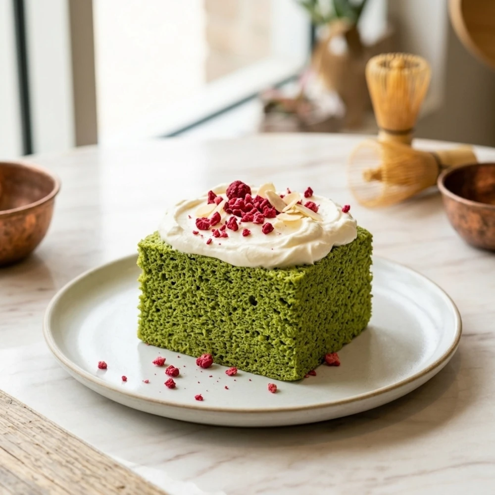 Pehmeä matcha-kakku mascarpone-kermalla, koristeltu kermalla ja kylmäkuivatuilla vadelmilla