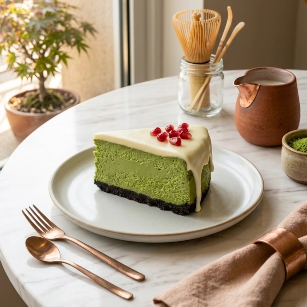 Kermainen matcha-juustokakku, jossa on valkosuklaata ja granaattiomenan siemeniä, kevyellä lautasella