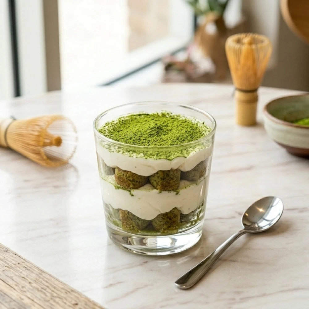 Lasikupissa tarjoiltava kerroksellinen matcha-tiramisu-jälkiruoka