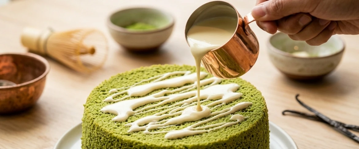 Vihreän leivonnaisen koristelu kevyellä kuorrutuksella, eli upea matcha-kakku valkosuklaalla