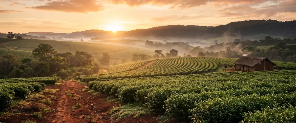 Sumuisen auringonnousun valaisema piikkipensasviljelmä, josta peräisin on perinteinen paraguaylainen yerba mate.