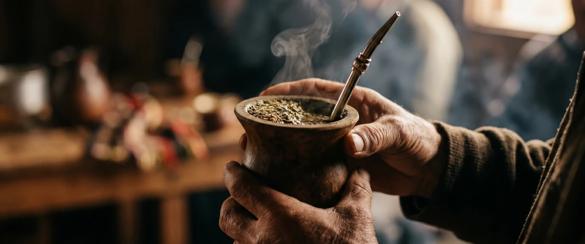 Kädet, jotka pitävät mate-kurpitsaa, jossa on kuumaa uutetta – vahvimman yerba mate -juoman maku, lämpö ja virkistävä vaikutus.