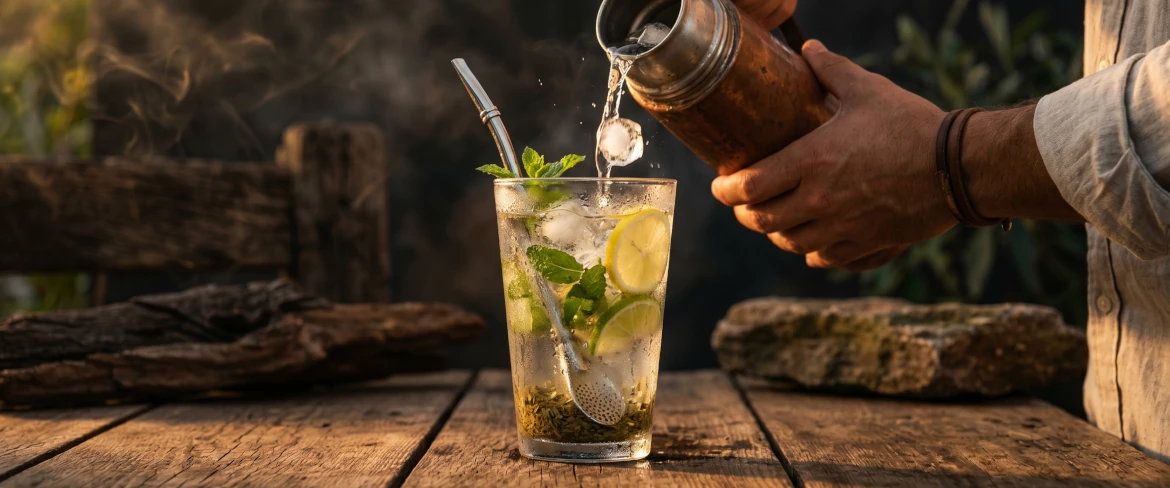 Virkistävä tereré, jossa on jäitä ja minttua, valmistettu perinteisestä paraguaylaisesta yerba matesta.