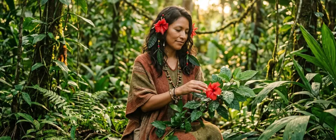 Nainen, joka ilmentää Andien jumalattarta, Amazonin luonnon ja hibiskuskukkien ympäröimänä – tämä on Pachamama guayusan kestävän kehityksen filosofian symboli.
