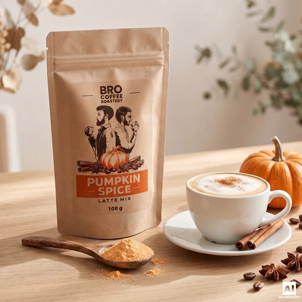 Bro Coffee Roasteryn Pumpkin Spice Latte -sekoitus, puinen lusikka, jossa on kurpitsajauhetta, sekä kanelilla siroteltu latte-kuppi.