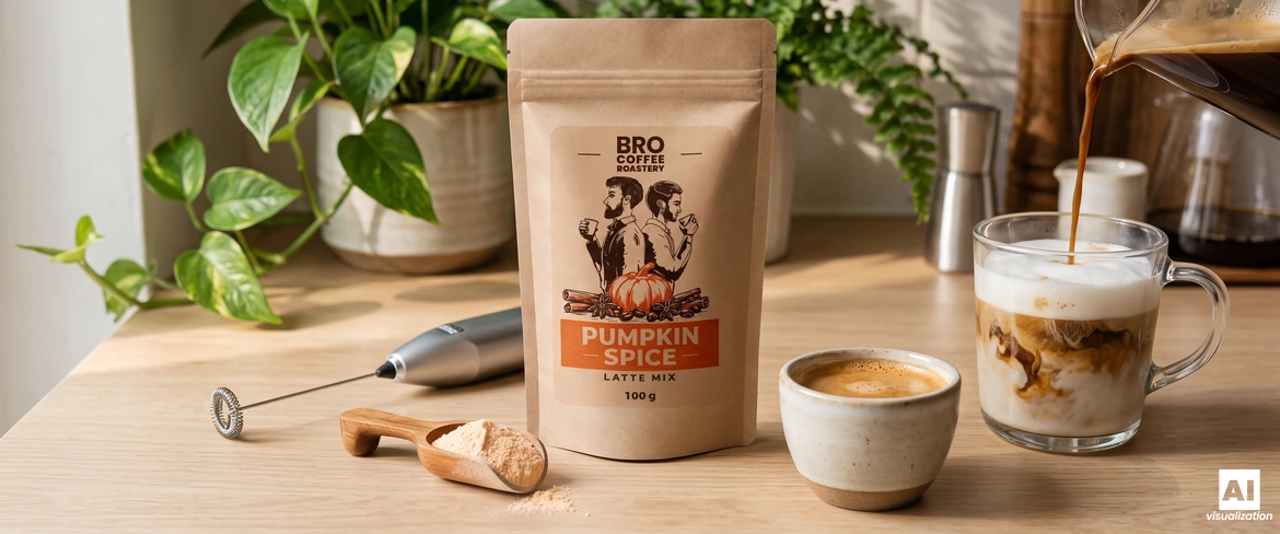 Bro Coffee Roasteryn Pumpkin Spice Latte -sekoitus, maidonvaahdotin ja lasiin kaadettava espresso, jonka päälle lisätään maitovaahtoa.