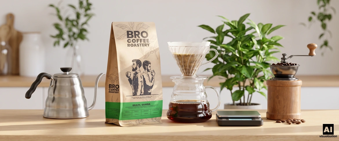 Bro Coffee Roasteryn Brazil Samba -kahvi, jonka vieressä on suodatin, vedenkeitin, vaaka ja käsikäyttöinen kahvimylly.