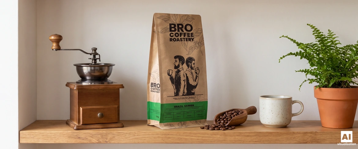 Suljettu pussi Bro Coffee Roasteryn Brazil Samba -kahvia hyllyllä käsikäyttöisen kahvimyllyn ja kahvikupin vieressä.
