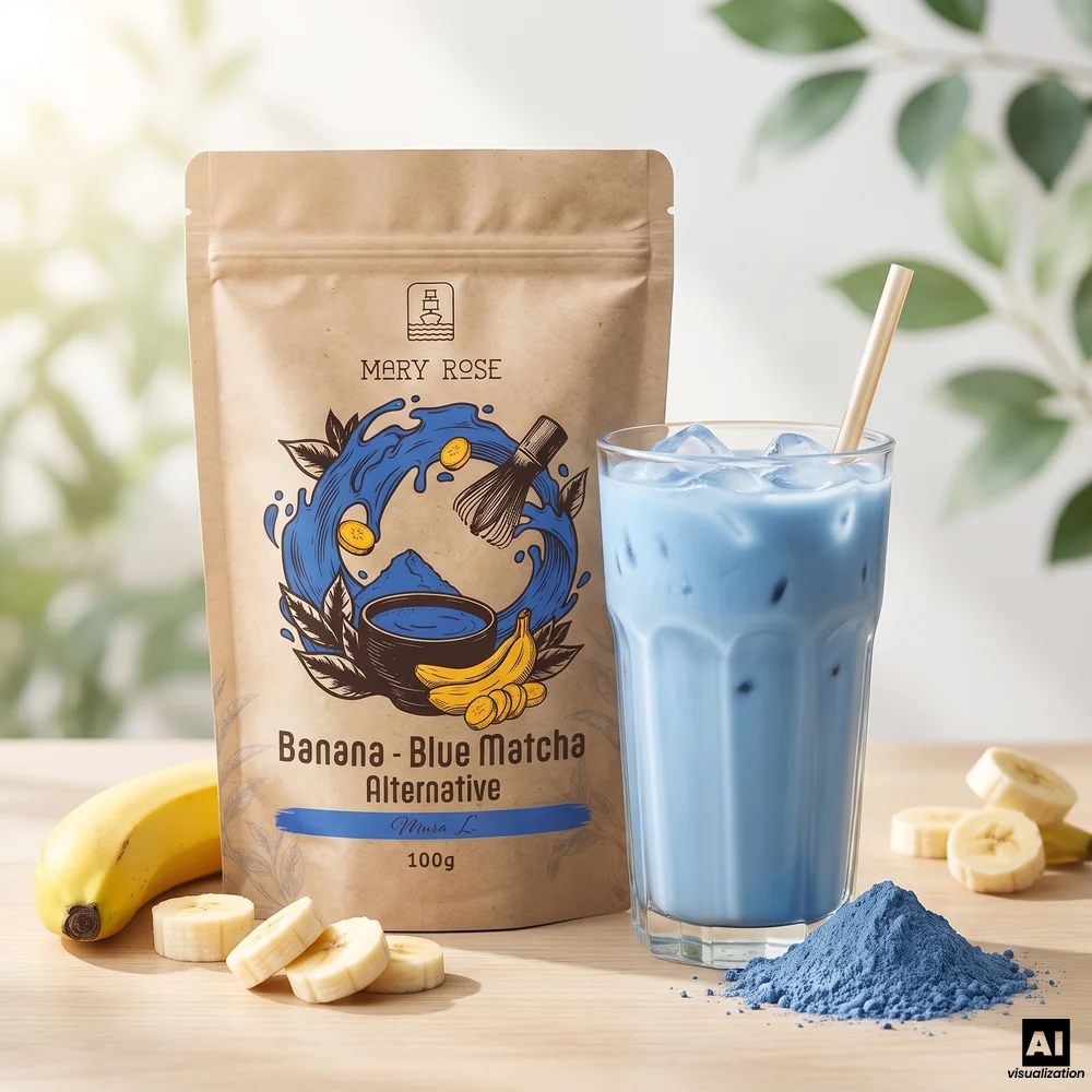 Mary Rose Blue Matcha Alternative – sininen matcha, jossa on banaania ja spirulinaa, vieressä sininen jäälatte ja banaani.