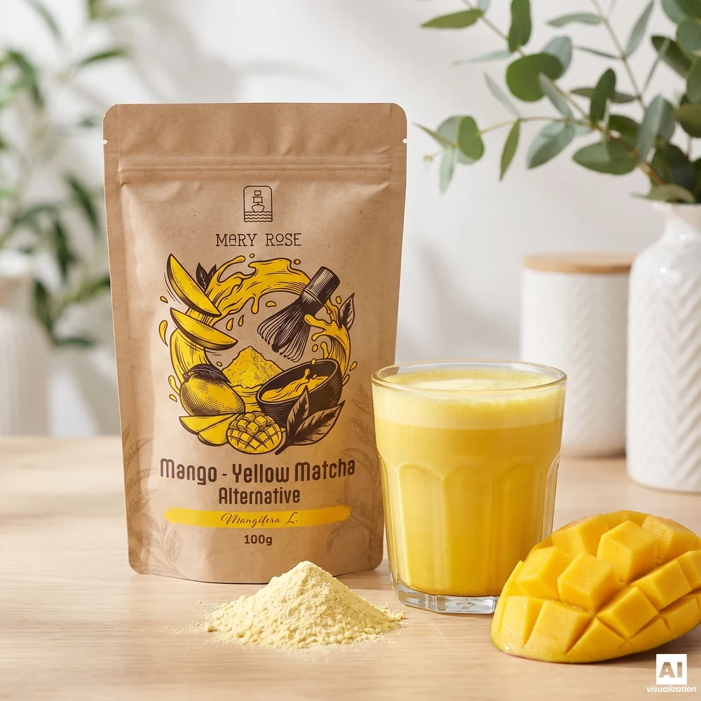 Mary Rose Yellow Matcha Alternative (mango-matcha): pakkaus, keltainen juoma, jauhe ja kuutioitu mango.