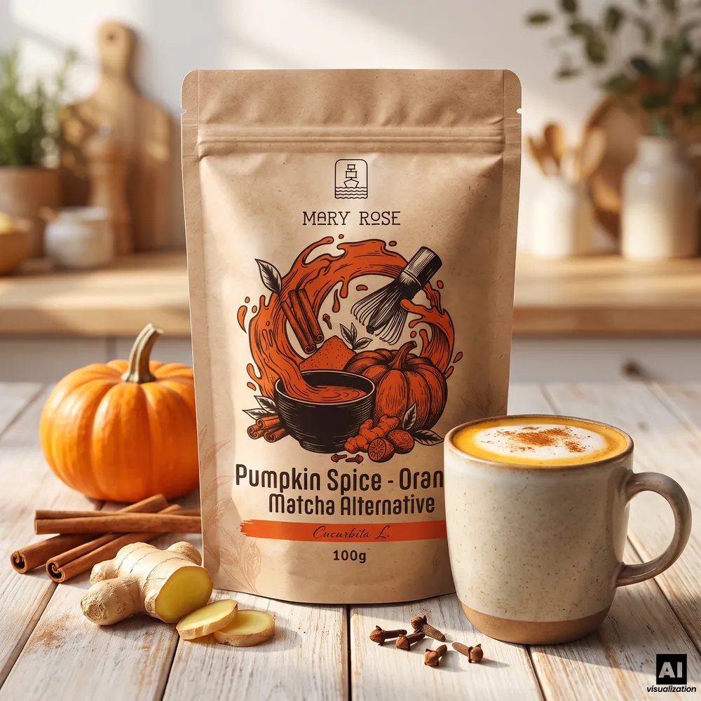 Mary Rose -merkkinen oranssi matcha-juoma, jonka maku on Pumpkin Spice, sekä sen vieressä kanelilla maustettu latte, jossa on kurpitsaa, kanelitankoja, inkivääriä ja neilikkaa.