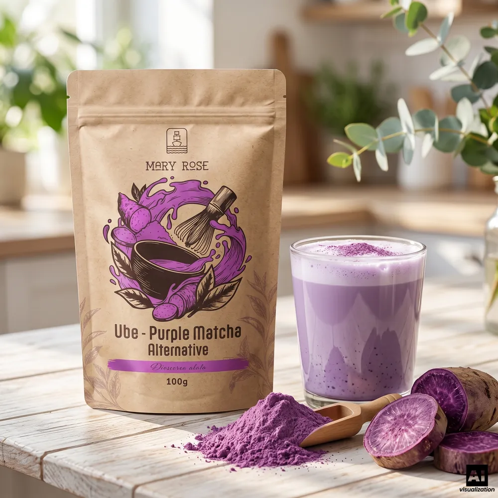 Mary Rose -purppura-matcha: ube-jauhe, vieressä purppura-ube-latte, jauhetta puukauhalla sekä viipaleita purppuraa juurimukulaa.
