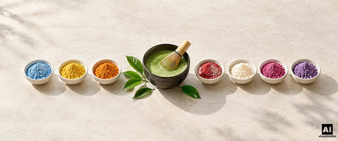 Perinteinen vihreä matcha kulhossa, jossa on chasen-vispilä, ja sen vieressä värikkäitä matcha-jauheita seitsemässä pienessä kulhossa.
