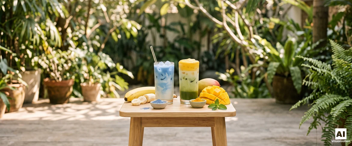 Sininen matcha banaanilla ja kerroksellinen mango-matcha-latte keltaisella vaahdolla, vieressä tuore banaani ja kuutioitu mango.