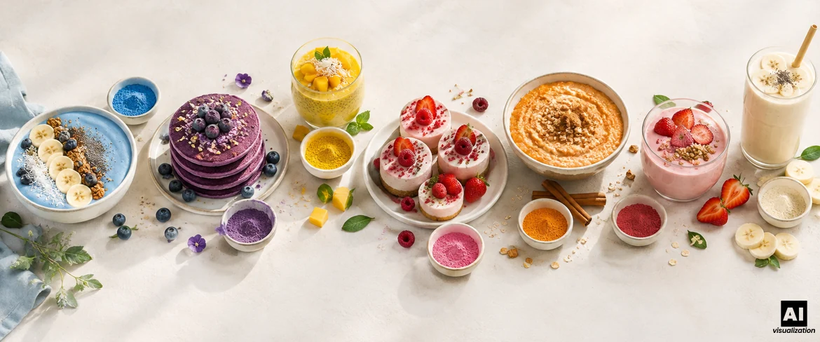 Värikkäitä jauheita keittiössä: sininen smoothie-kulho, violetit ube-pannukakut, mangopudding ja vaaleanpunaiset minijuustokakut.
