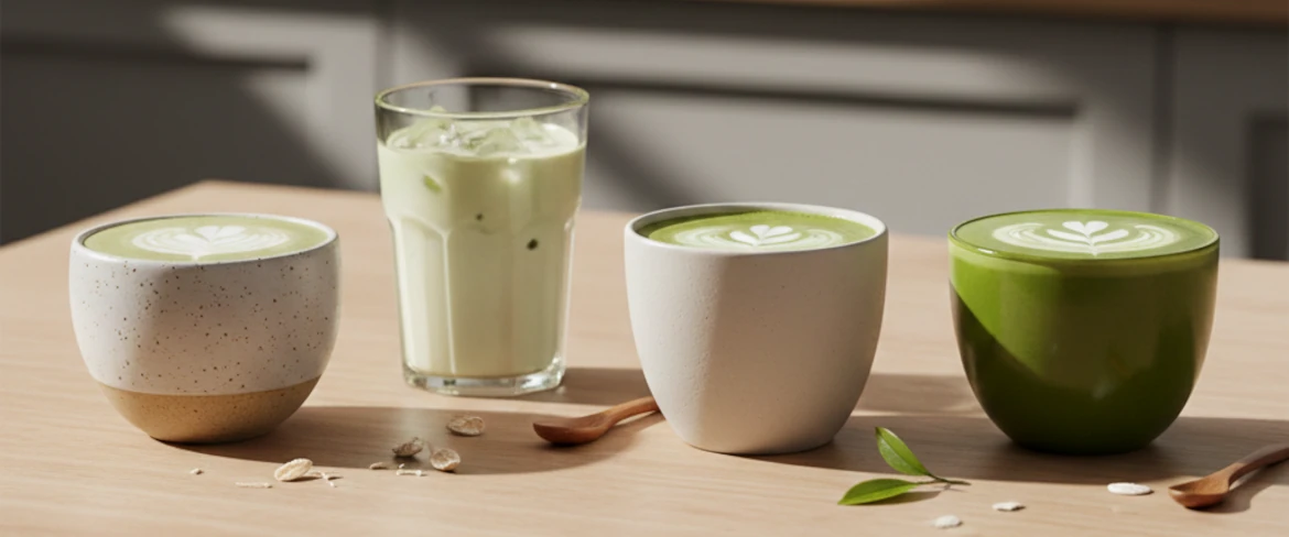 Matcha-latte eri maitovaihtoehdoilla – kaura-, kookos- ja mantelimaito