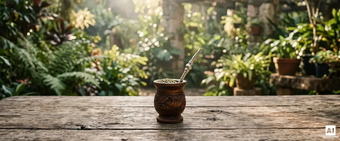 Puinen mate-kurpitsa, jossa on vahvaa yerba matea ja bombilla, vihreän lehtien taustalla.