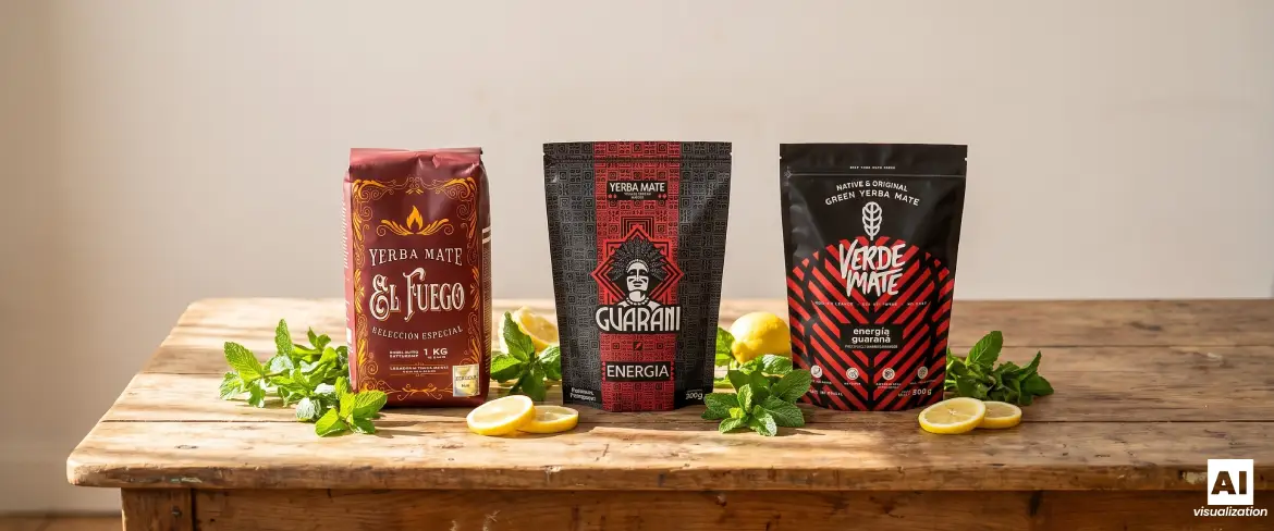 Kolme erilaista vahvaa yerba mate -lajiketta, joissa on guaranaa ja savustettuja lehtiä, puupöydällä.