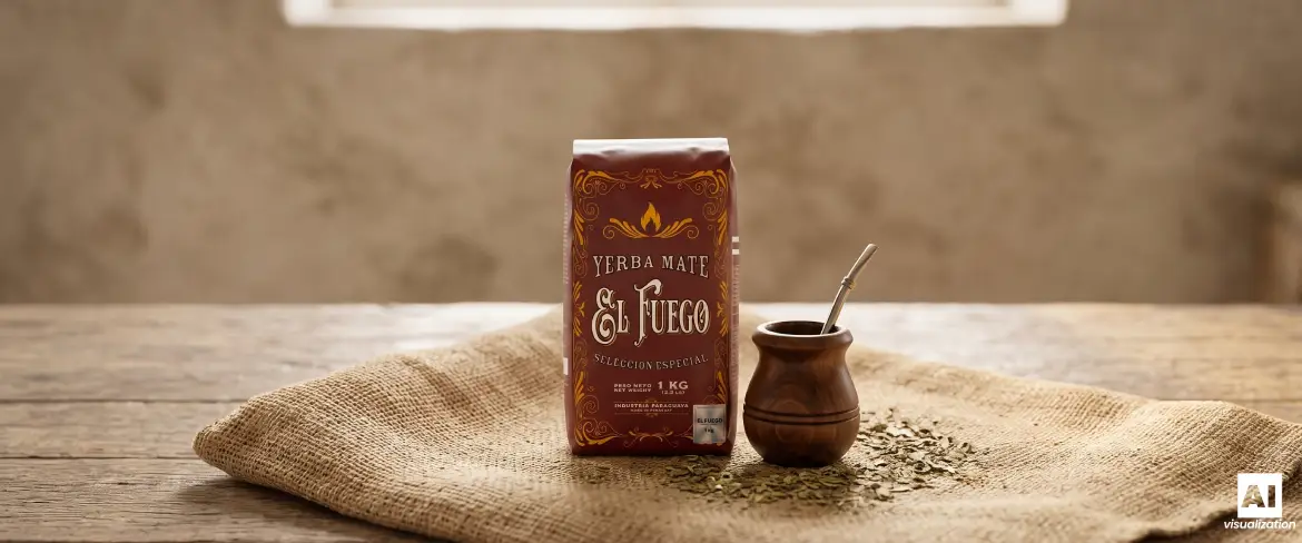 El Fuego Elaborada 1 kg sekä mate-kuppi, jossa on yerba matea, perinteisellä juuttikankaalla.