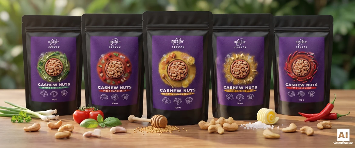 Viisi pakkausta Nustino Crunch -paahdettuja cashewpähkinöitä, joissa on makuaineita.