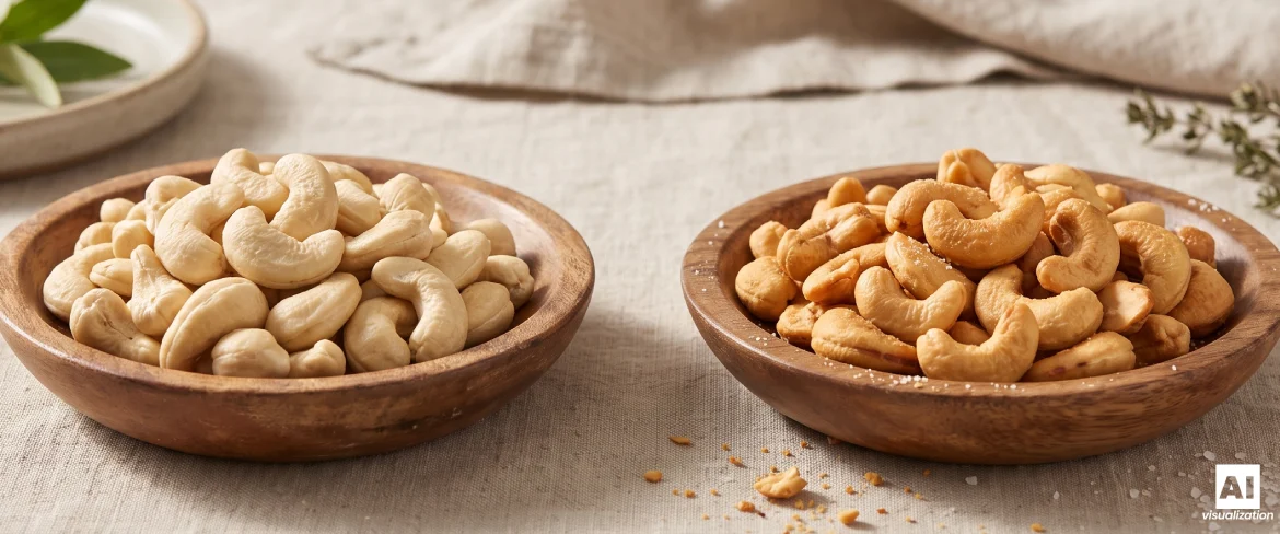 Luonnolliset ja paahdetut cashewpähkinät puukulhoissa.