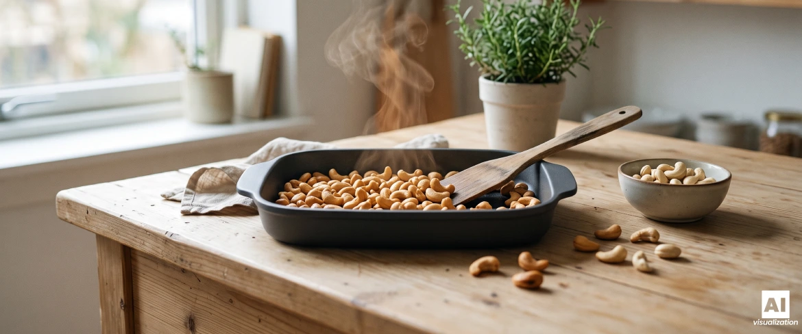 Paahdettuja cashewpähkinöitä uunipelillä, joita sekoitetaan puulusikalla lämpökäsittelyn aikana.