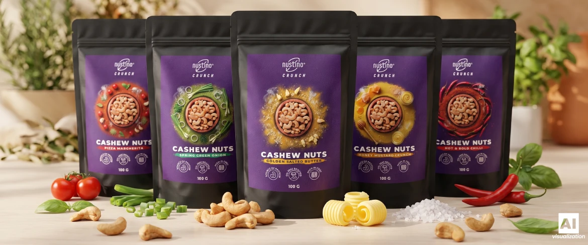 Nustino Crunch -paahdettuja cashewpähkinöitä on saatavana viidessä eri makuvaihtoehdossa.