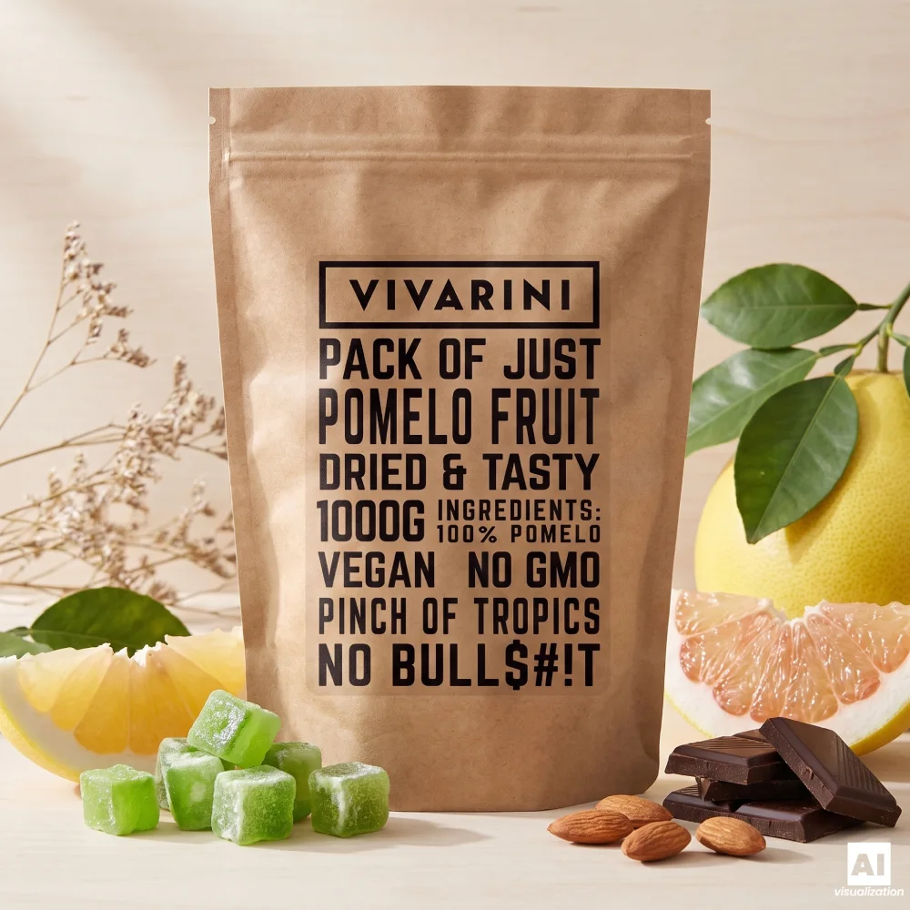 Pakkaus Vivarini-merkkisiä sokeroituja pomeloita tuoreiden sitrushedelmien, tumman suklaan ja manteleiden vieressä.