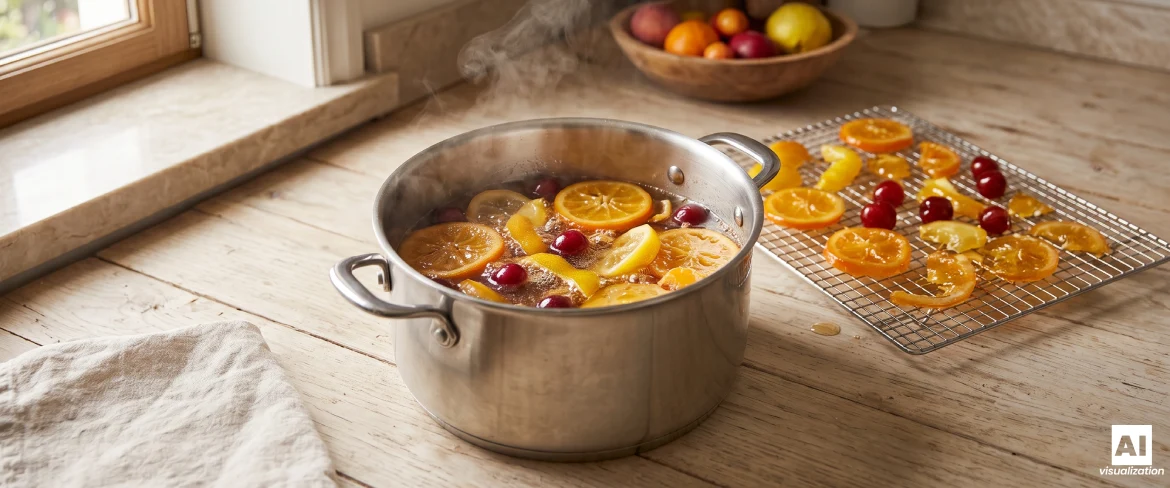 Hedelmien sokeroinnin yhteydessä sokerisiirapissa keitetyt appelsiinit ja karpalot, joiden vieressä hedelmät kuivuvat telineellä.
