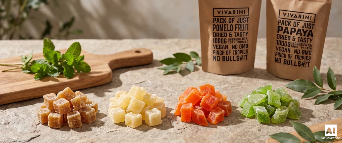 Kivipöydällä on kuutioituja sokeroituja hedelmiä sekä Vivarinin sokeroitua pomeloa ja papajaa sisältäviä doypack-pakkauksia.