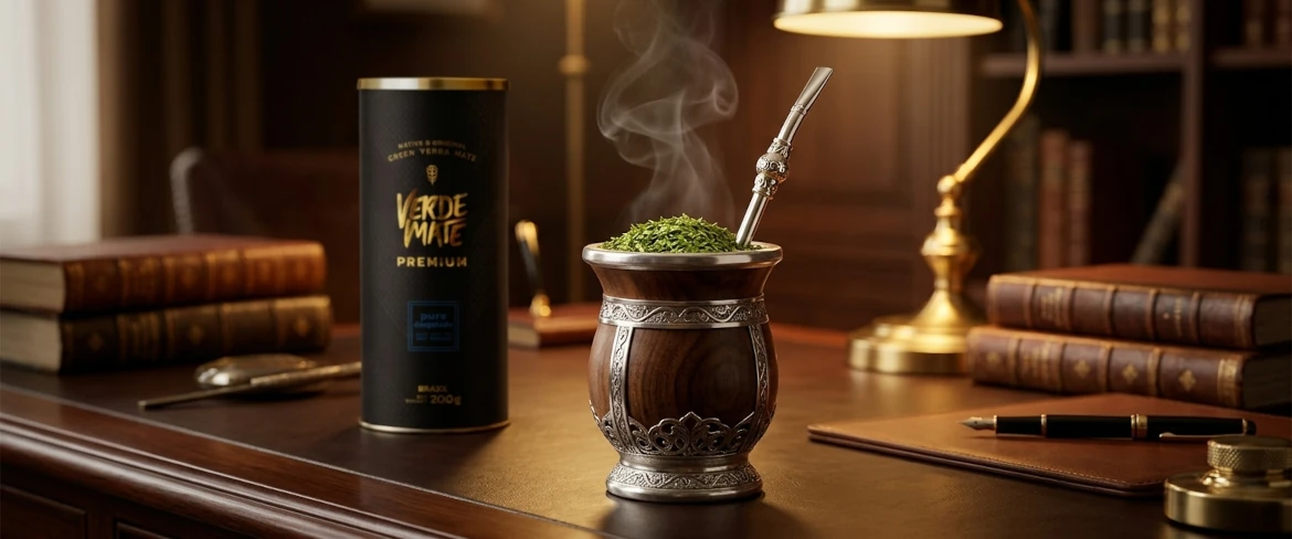 Perinteinen rituaali, jossa valmistetaan kuumaa premium-luokan yerba matea tyylikkäässä mate-kuoressa Verde Mate -merkkisen putken vieressä