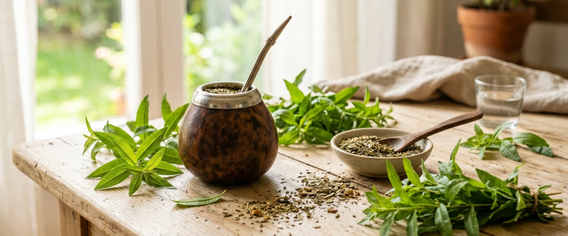 Yerba mate -juomakuppi, jota ympäröivät yrtit. Tutustu siihen, mihin sitruunaverbenaa voi lisätä.