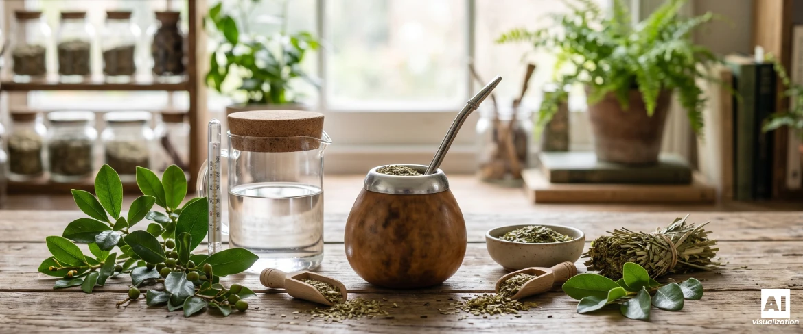 Mate-kurpitsa, jossa on yerba matea, yerba mate -lehtiä, kuivattua yerba matea, vettä ja lämpömittari hauduttamista varten.