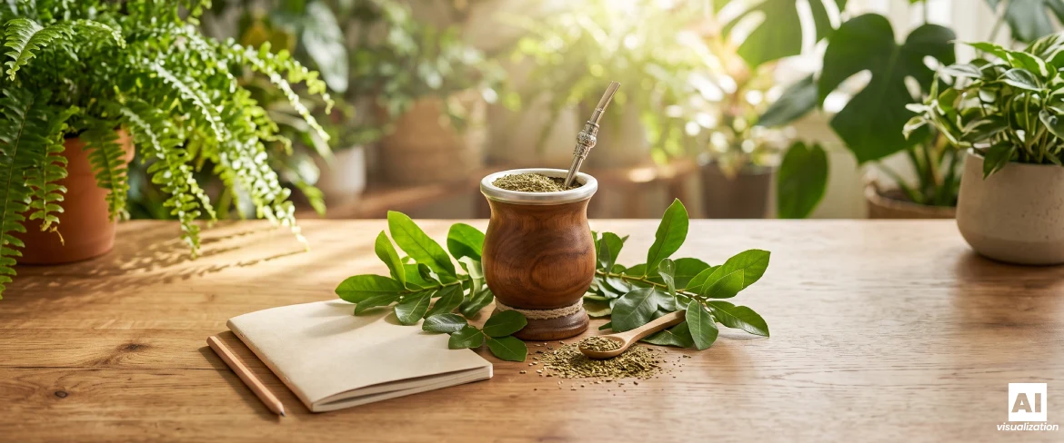 Yerba mate puisessa mate-kuoressa, jossa on yerba mate -lehtiä, sekä muistikirja pöydällä.