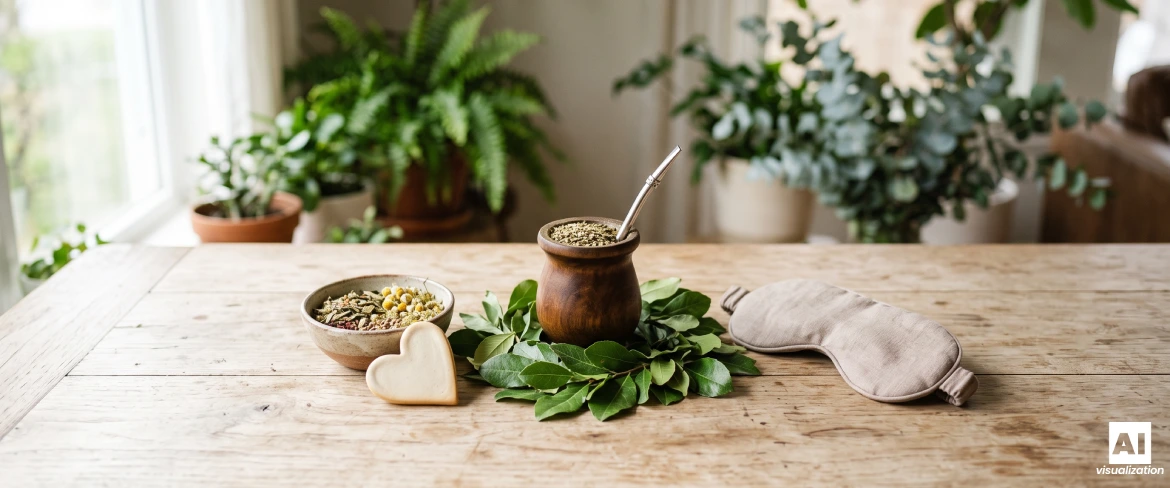 Yerba mate mate-kuoressa, jota ympäröivät lehdet, yrtit ja unimaski.