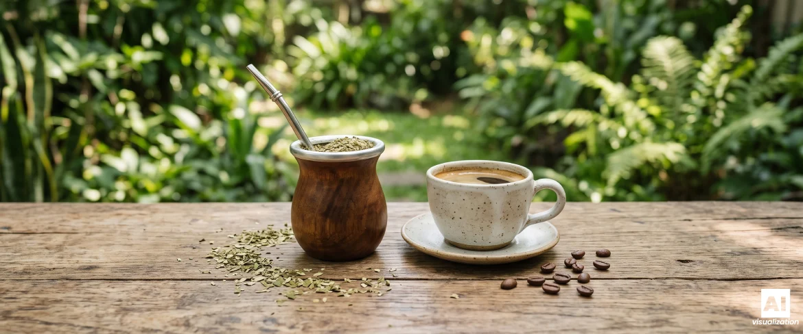 Yerba mate ja kahvikuppi vierekkäin puupöydällä.