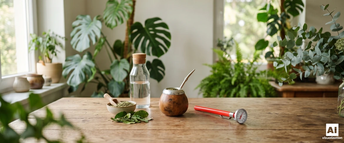 Mate-kannu, jossa on yerba matea, vettä, kuivattua yerba matea sekä lämpömittari, jolla voi tarkistaa juoman lämpötilan.