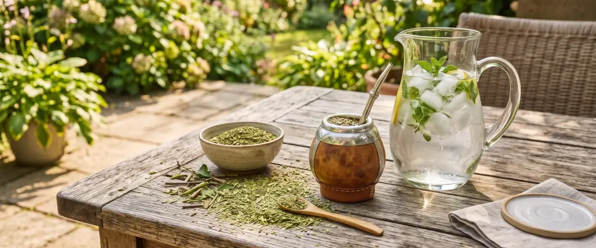 Yerba mate -lehdet ja lasikannu jääkylmää vettä
