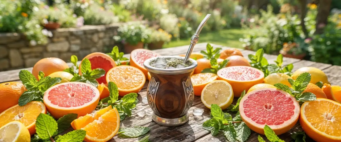 Virkistävä, kylmä yerba mate, jota ympäröivät sitrushedelmät