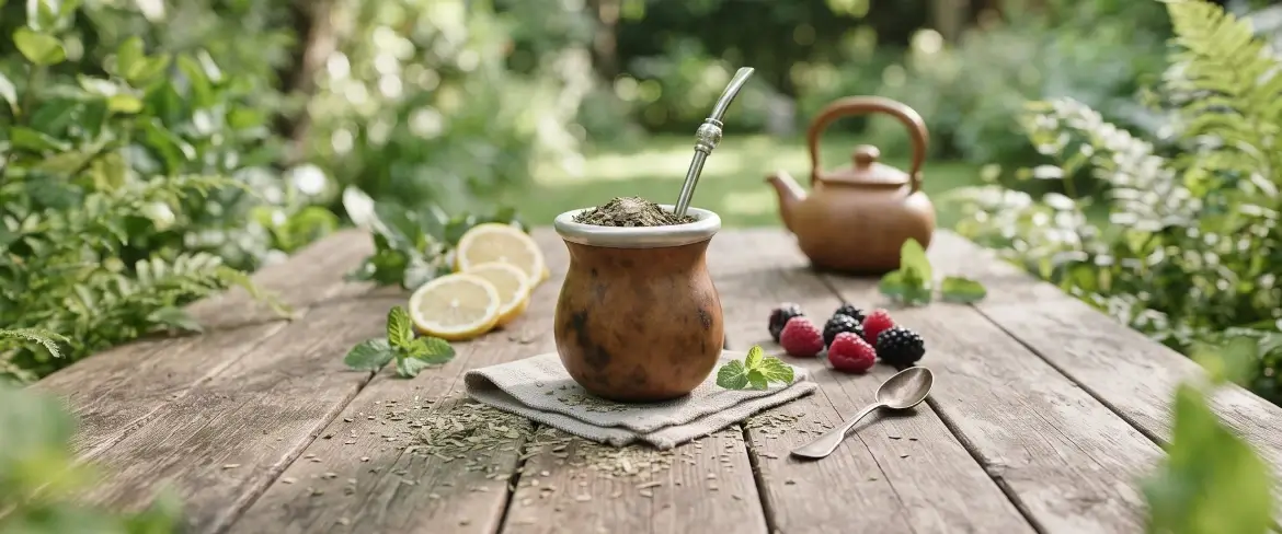 Mate-kurpitsa, jossa on yerba matea, puupöydällä, ja sen vieressä sitruuna ja minttu, jotka luovat juomalle luonnollisen ympäristön.