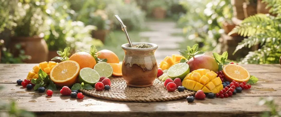 Yerba mate -juoma, jossa sitrushedelmien, mangon ja marjojen maut yhdistyvät mate-kuppiin, luoden raikkaan ja virkistävän juoman.